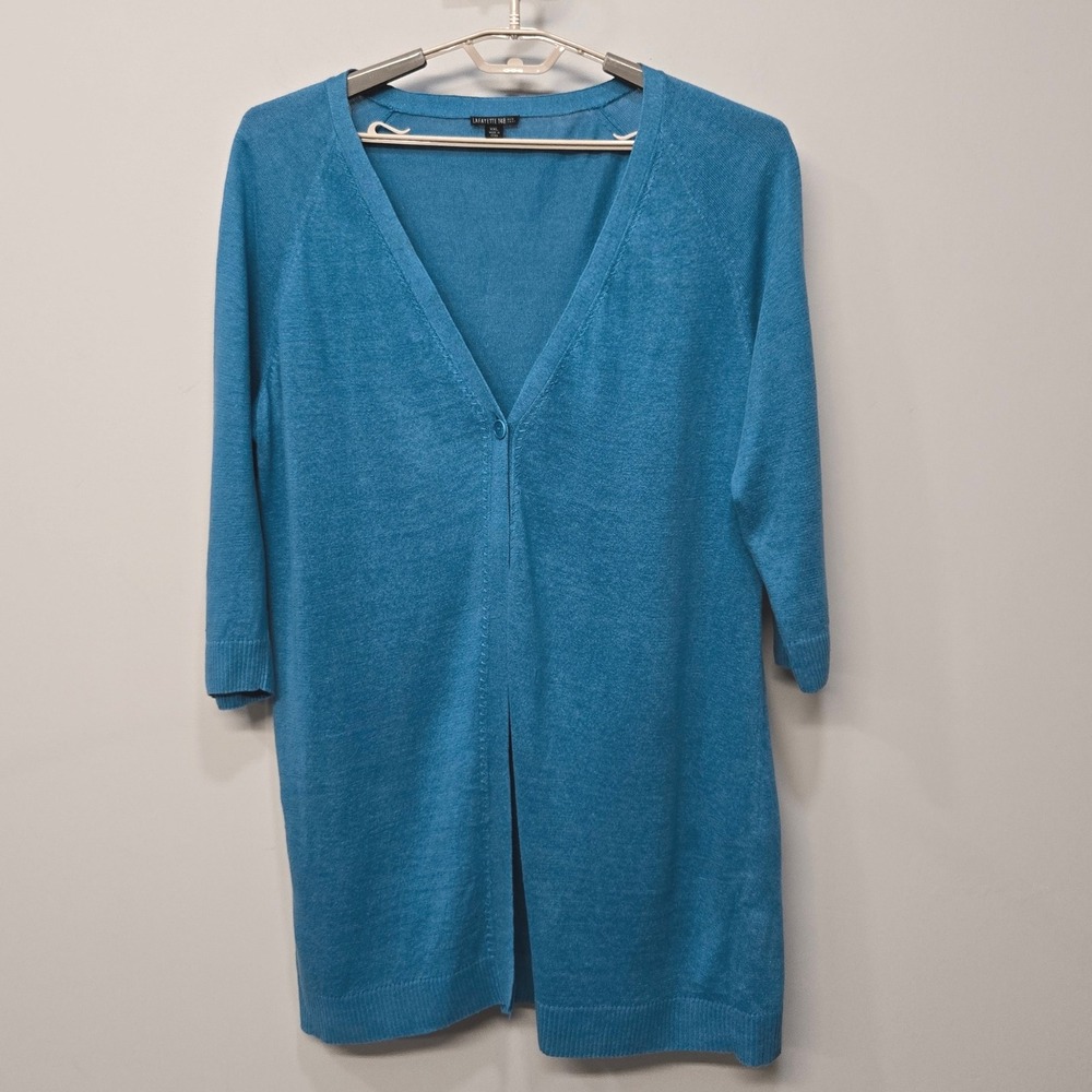 Lafayette 148 100% Linen Cardigan Sweater Plus Size XXL Blue Long Line Coastal‎